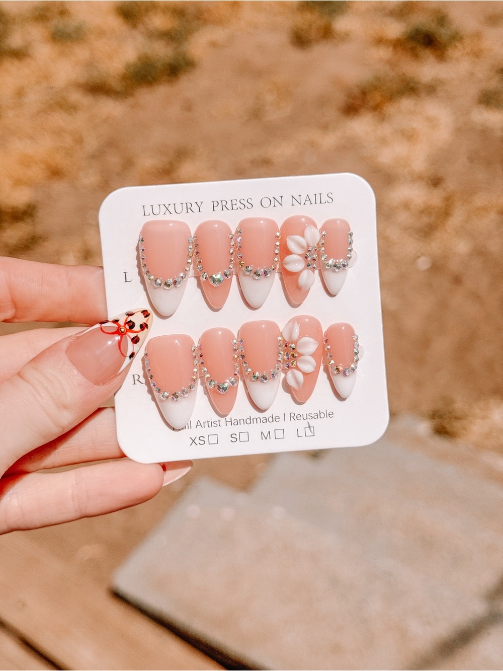 Handmade Luxury Pink & White Press-On Nails with Rhinestone and Pearl Accents